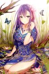  absurdres bangle blurry bracelet breasts bug butterfly depth_of_field fate/grand_order fate_(series) flower hair_flower hair_ornament highres indian_clothes insect jewelry junpaku_karen large_breasts leaf long_hair looking_at_viewer matou_sakura necklace partially_submerged parvati_(fate/grand_order) purple_eyes purple_hair rain ripples side_slit solo water 