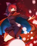  black_shirt blurry blush bow breasts cape covered_mouth danmaku depth_of_field grid hair_bow highres long_sleeves looking_afar materializing medium_breasts motion_blur open_hand outstretched_arm pleated_skirt red red_cape red_eyes red_hair red_pupils red_skirt reflective_eyes sekibanki shiny shiny_hair shirt short_hair signature skirt solo sparkle thighs touhou umigarasu_(kitsune1963) 