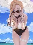  ass_visible_through_thighs asymmetrical_hair azur_lane bare_shoulders black_swimsuit blonde_hair blue_eyes blue_sky breasts cloud cloudy_sky collarbone commentary_request covered_navel covered_nipples day hair_over_shoulder hands_up holding holding_umbrella hood_(azur_lane) ivris large_breasts long_hair looking_at_viewer ocean one-piece_swimsuit outdoors parted_lips sky smile solo sunglasses swimsuit thigh_gap thigh_strap thighs umbrella 