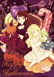  artist_request black_dress blonde_hair blue_eyes brown_hair candy commentary_request diana_cavendish dress food halloween halloween_costume jack-o'-lantern kagari_atsuko little_witch_academia multiple_girls red_eyes shoes_removed tongue tongue_out white_dress witch 