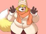  1girl artist_request eyes_closed fox furry smile solo winter_outfit 