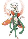  :d breasts floral_print florges gen_6_pokemon green_legwear grey_eyes ituyakitori looking_at_viewer medium_breasts medium_hair open_mouth personification pointy_ears pokemon smile solo standing white_hair wide_sleeves 