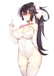  azur_lane ban_bu_bu_duou black_hair blush bow breasts brown_eyes casual_one-piece_swimsuit cleavage closed_mouth covered_navel cowboy_shot elbow_gloves gloves hair_bow hair_flaps hair_ribbon highres large_breasts long_hair looking_at_viewer middle_finger one-piece_swimsuit ponytail pout ribbon simple_background solo standing swimsuit takao_(azur_lane) thighhighs very_long_hair white_background white_bow white_gloves white_legwear white_ribbon white_swimsuit yellow_eyes 