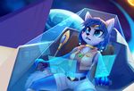  2017 absurd_res anthro arwing belt black_nose blue_fur blue_hair canine claws clothing cockpit dipstick_tail english_text female fingerless_gloves fur gloves hair hair_ornament hairband hi_res hollulu jewelry krystal mammal multicolored_tail navel necklace nintendo planet short_hair sitting solo space staff star_fox tailband text vest video_games white_fur 