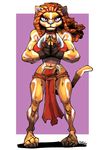  2017 abs anthro aztec blade breasts cat claws cleavage clothed clothing cougar dreadlocks fe&#039;lis_(character) feline female fingerless_gloves gloves hair hi_res inner_ear_fluff loincloth looking_at_viewer mammal markings muscular muscular_female pink_eyes piyotycho raised_arm skimpy slit_pupils smile solo tales_of_the_ashes_(series) tattoo toe_claws 