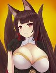  absurdres akagi_(azur_lane) animal_ears azur_lane bangs black_gloves black_hair blunt_bangs blush breasts cleavage commentary_request fox_ears gloves highres japanese_clothes large_breasts long_hair looking_at_viewer multiple_tails parted_lips qiye_luoying red_eyes smile solo tail upper_body 