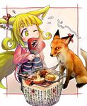 absurdres animal_ears bangs blonde_hair blunt_bangs child commentary_request doitsuken dress eyebrows_visible_through_hair fan flying_sweatdrops food fox fox_child_(doitsuken) fox_ears fox_girl fox_tail grilling highres holding holding_fan long_sleeves looking_at_another multiple_tails mushroom original paper_fan pink_dress short_eyebrows short_hair squatting striped striped_legwear tail thick_eyebrows two_tails yellow_eyes 