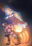  arm_rest bare_shoulders black_dress blue_hair boots chin_rest curly_hair dress elin_(tera) emily_(pure_dream) green_eyes halloween hat long_hair pout pumpkin short_dress sitting solo strapless strapless_dress striped striped_legwear tera_online thighhighs witch_hat 