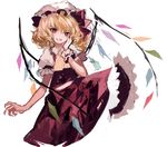  absurdres ascot bare_arms big_hair blonde_hair fangs flandre_scarlet hat highres kanekiru looking_at_viewer mob_cap open_mouth puffy_short_sleeves puffy_sleeves red_eyes red_ribbon red_skirt ribbon short_sleeves simple_background sketch skirt skirt_set solo touhou unfinished vest white_background white_hat wings 