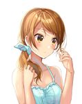  bare_shoulders blush breasts brown_eyes brown_hair cleavage commentary_request hair_over_shoulder highres houjou_karen idolmaster idolmaster_cinderella_girls long_hair looking_away satoimo_chika simple_background small_breasts solo upper_body white_background 
