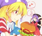  american_flag_dress blonde_hair bowl bowl_hat cheese closed_mouth clownpiece eighth_note flying_sweatdrops food hair_between_eyes hamburger hat japanese_clothes jester_cap kimono multiple_girls musical_note neck_ruff needle polka_dot purple_hair purple_hat red_eyes red_kimono salad short_sleeves simple_background smile speech_bubble spoken_flying_sweatdrops spoken_musical_note star star_print striped sukuna_shinmyoumaru tama_(soon32281) tomato touhou 