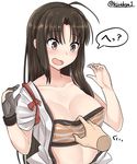  absurdres ahoge blush bra bra_pull breasts brown_hair collarbone gloves grey_gloves highres japanese_clothes kantai_collection kiritto long_hair medium_breasts open_clothes open_mouth purple_eyes short_sleeves shouhou_(kantai_collection) simple_background single_glove solo twitter_username underwear upper_body white_background 