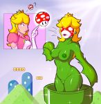  2018 ? before_and_after blonde_hair blue_eyes breasts clothed clothing crown ear_piercing female flora_fauna hair human human_to_humanoid koopacap long_hair mammal mario_bros mushroom navel nintendo nipples nude open_mouth outside piercing pipe piranha_plant plant princess_peach pussy solo sparkles standing surprise transformation video_games 