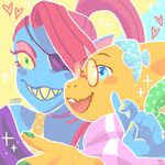  &lt;3 2017 alphys animal_humanoid anthro arm_around_shoulders bare_shoulder biped blue_body blue_eyes blush bow buckteeth choker clothing colored_nails digital_drawing_(artwork) digital_media_(artwork) duo ear_frills embrace eye_patch eyelashes eyeshadow eyewear fangs female female/female fish_humanoid frill gills glasses green_eyes green_nails gummymela hair hairband headshot_portrait humanoid humanoid_hands humanoid_on_anthro icon long_hair looking_away makeup noseless open_mouth open_smile pince-nez ponytail portrait red_hair reptile ribbons romantic_couple scalie sharp_teeth shirt simple_background smile sparkles teeth undertale undyne v_sign video_games yellow_background yellow_body yellow_nails yellow_sclera 