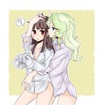  ? bdsm blue_eyes blush border bottomless breasts brown_hair cleavage commentary_request diana_cavendish head_rub hickey hug hug_from_behind kagari_atsuko light_green_hair little_witch_academia long_hair messy_hair multiple_girls naked_shirt open_clothes open_shirt outside_border raisun red_eyes shirt sleepy sleeves_past_wrists small_breasts spoken_question_mark straitjacket sweatdrop tied_shirt tied_sleeves touching white_border yuri 