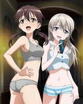  2girls ass blush bra breasts brown_eyes brown_hair butt_crack eila_ilmatar_juutilainen gertrud_barkhorn grey_bra grey_panties groin long_hair medium_breasts multiple_girls navel open_mouth panties purple_eyes shorts silver_hair smile sports_bra standing strike_witches twintails underwear world_witches_series 