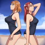  beach blush brave_witches breasts brown_hair collarbone day green_eyes gundula_rall highres hiroshi_(hunter-of-kct) large_breasts minna-dietlinde_wilcke multiple_girls ocean red_eyes red_hair short_hair smile strike_witches swimsuit world_witches_series 