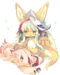  animal_ears bad_id bad_twitter_id bangs blunt_bangs commentary_request ears_through_headwear eyebrows_visible_through_hair furry hat horizontal_pupils horns long_hair made_in_abyss mitty_(made_in_abyss) nanachi_(made_in_abyss) nekotorina pants paws petting red_eyes sitting tail topless whiskers white_background white_hair yellow_eyes 