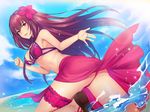  ass bikini breasts day fate/grand_order fate_(series) flower from_behind hair_flower hair_ornament hibiscus large_breasts leg_garter long_hair looking_at_viewer looking_back outdoors pantsu_majirou parted_lips purple_bikini purple_hair red_eyes sarong scathach_(fate)_(all) scathach_(swimsuit_assassin)_(fate) smile solo swimsuit very_long_hair wading water 