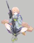  bike_shorts blonde_hair commentary eyebrows_visible_through_hair full_body fuyuno_haruaki grey_background gun indian_style little_armory m24 pleated_skirt purple_eyes rifle scarf school_uniform shoes short_hair sitting skirt sneakers sniper_rifle solo suppressor weapon 