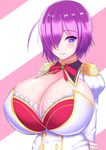  1girl arms_behind_back artist_request blush breasts cleavage fee_kissethermit hair_over_one_eye huge_breasts looking_at_viewer milk_factory motto!_haramase!_honoo_no_oppai_isekai_ero_mahou_gakuen! purple_eyes purple_hair school_uniform short_hair smile solo stripped_background upper_body 