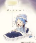  awake blanket blue_hair cellphone closed_eyes commentary kantai_collection lamp long_hair mae_(maesanpicture) mattress open_mouth pajamas phone samidare_(kantai_collection) smartphone solo translated twitter_username very_long_hair yawning 