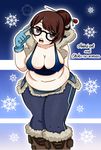  1girl belly black-framed_eyewear blue_gloves boots breasts brown_eyes brown_hair cleavage coat erect_nipples fat fur-trimmed_boots fur-trimmed_jacket fur_boots fur_coat fur_trim glasses gloves hair_ornament hair_stick jacket leaning_forward looking_at_viewer medium_breasts mei_(overwatch) open_mouth overwatch plump short_hair snowflake_hair_ornament snowflakes solo utility_belt wide_hips winter_clothes winter_coat 