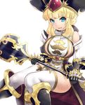  :d aix_(sennen_sensou_aigis) black_footwear black_hat blonde_hair blue_eyes breasts gauntlets gloves hat highres iromo_(etc_wing) large_breasts looking_at_viewer mace open_mouth sennen_sensou_aigis sitting smile solo spiked_gloves thighhighs weapon white_legwear 