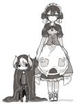  1girl age_switch apron bangs blunt_bangs blush bustier cape capelet detached_sleeves dress eyebrows_visible_through_hair greyscale hair_between_eyes height_difference jacket jitome legs_together looking_at_viewer made_in_abyss maid maid_apron maid_headdress maruruk monochrome multicolored_hair negi_(kyouki-beya) older otoko_no_ko ozen pouch puffy_short_sleeves puffy_sleeves shoes short_hair short_sleeves simple_background smile standing two-tone_hair whistle white_background younger 