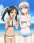  2girls angry aqua_eyes beach bikini blush breasts eila_ilmatar_juutilainen fang francesca_lucchini green_hair grin groin long_hair medium_breasts multiple_girls navel ocean open_mouth purple_eyes silver_hair small_breasts smile standing strike_witches swimwear twintails world_witches_series 