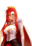  absurdres blue_eyes blush boudica_(fate/grand_order) breasts cape cleavage corset crown der_zweite fate/grand_order fate_(series) fur_trim highres large_breasts long_hair looking_at_viewer red_hair shrug_(clothing) smile solo white_background 