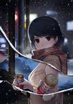  black_hair bra breasts brown_eyes can canned_coffee cityscape cleavage coat coffee domestic_na_kanojo duffel_coat floral_print from_side gloves incoming_drink lingerie looking_at_viewer medium_breasts mittens night official_art page_tear plaid plaid_scarf print_bra revealing_cutout sasuga_kei scarf short_hair snow snowing solo tachibana_rui underwear winter winter_clothes yellow_bra 