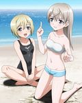  2girls beach bikini blonde_hair blue_eyes blush breasts clenched_teeth eila_ilmatar_juutilainen erica_hartmann groin kneeling long_hair medium_breasts multiple_girls navel ocean open_mouth purple_eyes short_hair silver_hair sitting small_breasts smile strike_witches swimsuit swimwear world_witches_series 