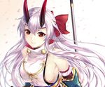  bare_shoulders blush breasts closed_mouth fate/grand_order fate_(series) hair_between_eyes headband highres horns japanese_clothes large_breasts long_hair looking_at_viewer oni_horns red_eyes rei_kun sideboob silver_hair smile solo tomoe_gozen_(fate/grand_order) upper_body 