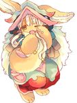  animal_ears bangs barefoot blunt_bangs ears_through_headwear eyebrows_visible_through_hair full_body fur furry horizontal_pupils horns looking_at_viewer made_in_abyss nanachi_(made_in_abyss) nekotorina one_eye_closed pants paws short_hair simple_background solo tail tail_hug white_background yellow_eyes 
