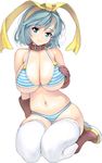  belt_collar bikini blue_eyes blue_hair blush boots breasts cleavage closed_mouth collarbone full_body gloves hand_on_own_chest highres large_breasts looking_at_viewer masao navel original ribbon shoes short_hair simple_background sitting smile stomach striped striped_bikini swimsuit thighhighs thighs white_background 