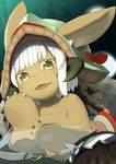  1other :3 :d animal_ears bangs blunt_bangs blush commentary_request ears_through_headwear eyebrows_visible_through_hair fang furry green_eyes hat highres horizontal_pupils horns long_hair looking_at_viewer looking_down lying made_in_abyss nanachi_(made_in_abyss) nejime on_stomach open_mouth out_of_frame paws regu_(made_in_abyss) smile solo_focus topless whiskers white_hair 