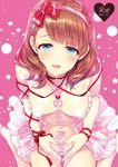  :d alpha_(yukai_na_nakamatachi) arm_ribbon blue_eyes blush bow breasts breasts_outside brown_hair censored choker collarbone commentary_request cover cover_page doujin_cover dress hair_bow hairband heart heart_hands heart_necklace idolmaster idolmaster_cinderella_girls jewelry jpeg_artifacts looking_at_viewer medium_breasts necklace no_bra open_clothes open_dress open_mouth panties pink_background pink_bow pink_dress pink_hairband pink_panties plaid plaid_bow rating red_bow red_ribbon ribbon ribbon_choker sakuma_mayu sitting smile solo underwear wariza 
