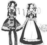  1girl alternate_costume boots chibi chibi_inset commentary_request dress enmaided gothic_lolita greyscale half-closed_eyes jitome lolita_fashion long_dress looking_at_viewer made_in_abyss maid maid_headdress maruruk miruko_(milkyuoxou) monochrome multicolored_hair multiple_views ozen puffy_short_sleeves puffy_sleeves short_hair short_sleeves simple_background spoken_ellipsis thighhighs translated two-tone_hair white_background 