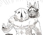  1other :3 bangs bird blunt_bangs chick closed_mouth creature ears_through_headwear emphasis_lines furry greyscale hat jitome long_hair made_in_abyss mitty_(made_in_abyss) monochrome monster_girl muscle nanachi_(made_in_abyss) negi_(kyouki-beya) on_shoulder out_of_frame regu_(made_in_abyss) smile squatting translation_request white_background 