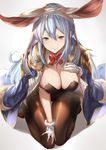  3: animal_ears bangs blue_eyes blue_hair breasts brown_legwear bunny_ears bunnysuit cleavage commentary_request fake_animal_ears from_above fur-trimmed_gloves fur_trim gloves granblue_fantasy grey_background hair_between_eyes hairband hand_on_own_chest highres jacket_on_shoulders kneeling large_breasts leotard long_hair pantyhose sidelocks simple_background sola_(solo0730) solo tears therese_(granblue_fantasy) white_gloves 