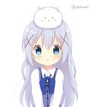  absurdres angora_rabbit animal animal_on_head bangs blue_eyes blue_hair blue_neckwear blue_vest blush bow bowtie bunny bunny_on_head chatsune_(white_lolita) collared_shirt eyebrows_visible_through_hair gochuumon_wa_usagi_desu_ka? hair_between_eyes hair_ornament highres kafuu_chino long_hair long_sleeves looking_at_viewer on_head parted_lips rabbit_house_uniform shirt simple_background tippy_(gochiusa) twitter_username uniform upper_body v_arms very_long_hair vest waitress white_background white_shirt x_hair_ornament 