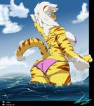  2017 big_breasts big_butt breasts butt buxbi_(character) cat clothing feline female hair kansyr looking_back mammal outside pussy sea slightly_chubby solo standing swimsuit thick_thighs tiger water white_hair wide_hips 
