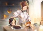  bag black_eyes black_hair book bow bowl bowtie brown_eyes brown_hair cake commentary_request cooking dorothy_(princess_principal) eyebrows_visible_through_hair flower food frying_pan hair_flower hair_ornament hikimayu kappougi kettle kitchen long_hair multiple_girls murakami_hisashi open_book paper_bag plate pot princess_principal school_uniform sidelocks smile spatula striped tied_hair toudou_chise 