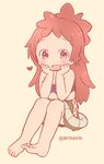  :d bare_arms bare_shoulders barefoot beltbra blush full_body idu_michito legs_together long_hair looking_at_viewer made_in_abyss mitty_(made_in_abyss) mitty_(made_in_abyss)_(human) open_mouth pink_background red_eyes red_hair simple_background sitting smile solo twitter_username 