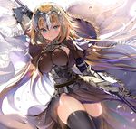  arm_up armor armored_dress backlighting bad_id bad_pixiv_id black_dress black_legwear blonde_hair blue_eyes blush breasts cape closed_mouth collar cowboy_shot dress dutch_angle fate/apocrypha fate_(series) fringe_trim gauntlets groin headpiece holding holding_staff jeanne_d'arc_(fate) jeanne_d'arc_(fate)_(all) large_breasts long_hair long_sleeves looking_at_viewer raichi_(user_gwvk5732) shiny shiny_hair smile solo staff standing thighhighs thighs tsurime underbust very_long_hair water_drop 