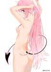  alternate_hairstyle armpits arms_up ass back blush breasts closed_mouth cowboy_shot demon_tail from_behind lala_satalin_deviluke long_hair looking_at_viewer looking_back medium_breasts murio nude ponytail profile shiny shiny_hair sidelocks simple_background solo standing tail tail_raised to_love-ru twitter_username tying_hair very_long_hair white_background 