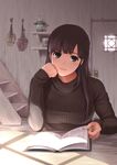  book breasts clenched_hand domestic_na_kanojo door hand_on_own_cheek lamp large_breasts light_blush light_smile long_hair looking_at_viewer open_book ribbed_sweater sasuga_kei shade solo stairs sweater tachibana_hina turtleneck turtleneck_sweater 