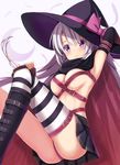  arm_up ass ayachi_nene belt black_footwear black_skirt blush boots bow breasts cape closed_mouth crescent detached_sleeves feathers hat knee_boots large_breasts long_hair pink_bow purple_eyes rurukuru sanoba_witch silhouette silver_hair single_thighhigh skirt smile solo striped striped_bow striped_legwear thighhighs very_long_hair white_background witch witch_hat 