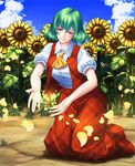  ascot blue_sky cloud day fine_art_parody flower green_hair inose_(murphy) kazami_yuuka kneeling medium_hair outdoors parody petals plaid plaid_skirt plaid_vest red_eyes saint_praxedis short_sleeves skirt sky smile solo sunflower touhou vest yellow_neckwear 